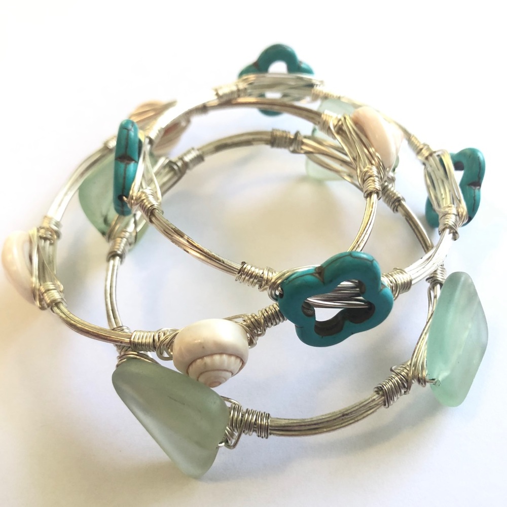 Wire wrapped - sea glass, turquoise, white shells